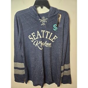 Seattle Kraken Womens Long Sleeve Lace Up Hoodie Navy Grey Striped Large